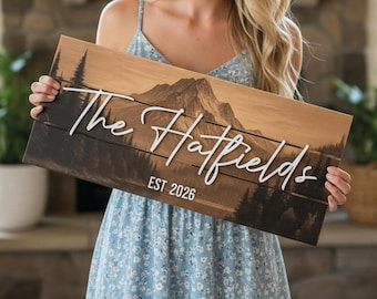 Custom Family Name Sign, Rustic Wood Wall Decor, Personalized Wedding Gift for Couples, Housewarming Gifts New Home - Mountain Themed