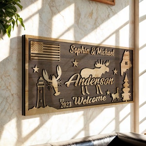 Maine Custom Name Sign, Maine State Gifts, Maine Themed Welcome Sign, Family Last Name Sign, Maine Gift