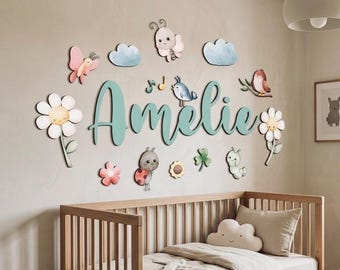 Personalized Fairy Garden Nursery Name Sign, Custom Wood Wall Art for Baby Girl Room, 3D Flower Daisy Bfly Decor, Enchanted Baby Shower Gift