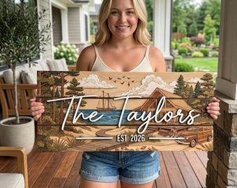 National Park Family Name Sign, Custom Forest Lodge Wall Decor, A Frame Cabin Wood Art, Personalized Mountain Lake House Gift (126 Karakter)