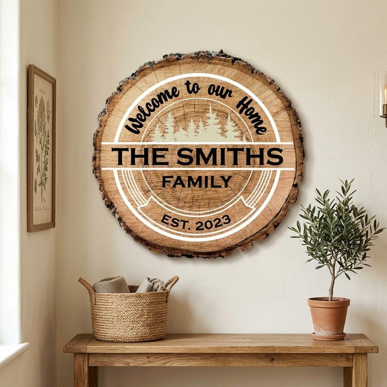 Puede incluir: Un letrero redondo de madera con el texto "Welcome to our Home" y "The Smiths Family EST. 2023". El letrero tiene un aspecto de veta de madera natural y un borde blanco con una silueta de bosque.