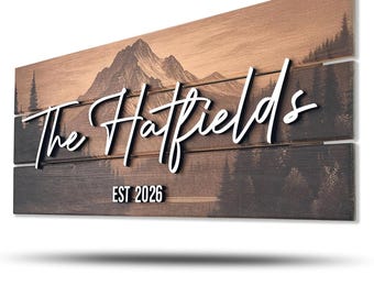 Custom Family Name Sign, Rustic Wood Wall Decor, Personalized Wedding Gift for Couples, Housewarming Gifts New Home - Mountain Themed