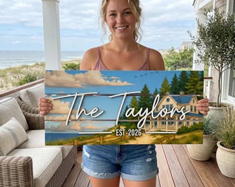 Coastal Farmhouse Family Name Sign, Custom Wood Beach House Decor, Personalized Ocean Wall Art, Wedding Gift, Cottage Wall Decor