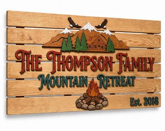 Custom Mountain Retreat Sign, Personalized Family Name Wood Art, Rustic Lodge Cabin Decor, 3D Pine Tree Campfire, Housewarming Gift