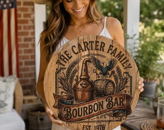 Family Bourbon Whiskey Bar Sign Custom, Wood Wall Decor with Copper Still, Moonshine Distillery Plaque with Personalized Last Name and Date