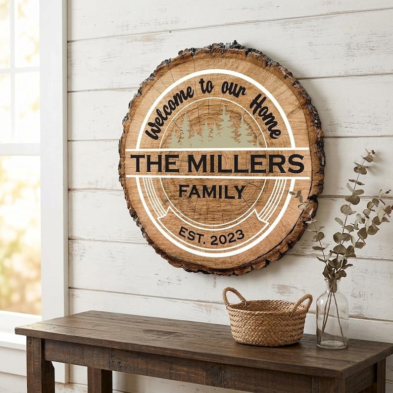 Puede incluir: Un letrero de madera redondo con el texto "Welcome to our Home" y "The Millers Family EST. 2023". El letrero tiene un aspecto de veta de madera natural y est&aacute; colgado en una pared de madera blanca. Una peque&ntilde;a cesta tejida y un jarr&oacute;n de cristal est&aacute;n sobre una mesa de madera.