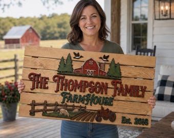 Personalized Farmhouse Sign, Large 3D Family Name Wall Decor, Custom Rustic Country Sign, Red Barn Vintage Tractor, Housewarming Gift