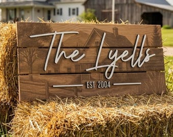 Custom Farmhouse Family Last Name Signs, Rustic Barn Scene Wood Wall Art, 3D Personalized Established Sign, Homestead Decor Wedding Gift
