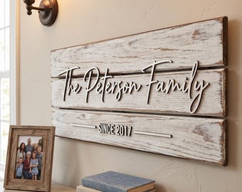 Custom Whitewashed Wood Name Sign, Personalized Shabby Chic Pallet Sign with Established Date