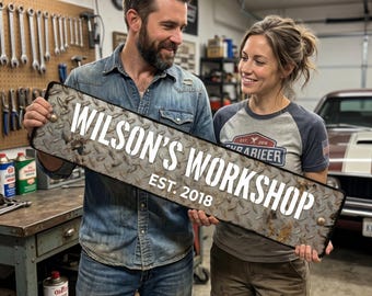 Custom Garage Sign Diamond Plate Metal Style | Personalized Man Cave Plaque | Industrial Wall Decor | Mechanic Gift Custom Text Wood Sign
