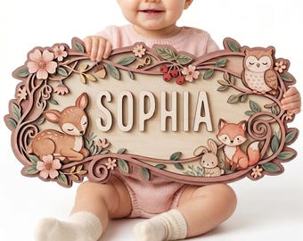Personalized Woodland Nursery Name Sign, Custom 3D Wooden Baby Girl Name Plaque with Forest Animals, Floral Nursery Decor, Baby Shower Gift