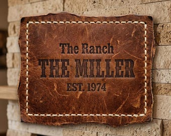 Custom Rustic Leather Ranch Sign Western Family Name Plaque Cowboy Home Decor Lodge Cabin Wall Art UV Printed Flat MDF 5mm Stitched Look