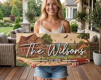 Custom Family Home Sign, Classic American Villa Wall Art, Personalized Wood House Decor, Vintage Car Sign, New Homeowner Gift