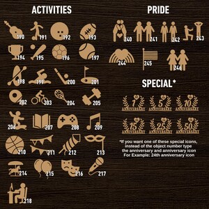 May include: A chart with brown background and gold icons. The chart is divided into three sections: Activities, Pride, and Special. The Activities section includes icons for various activities such as playing guitar, soccer, baseball, golf, and more. The Pride section includes icons for couples, families, and a wedding proposal. The Special section includes icons for different anniversary years, such as 7th, 15th, 25th, and 50th.