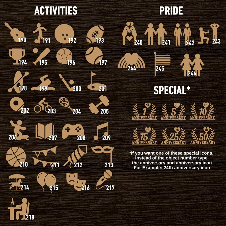 May include: A chart with brown background and gold icons. The chart is divided into three sections: Activities, Pride, and Special. The Activities section includes icons for various activities such as playing guitar, soccer, baseball, golf, and more. The Pride section includes icons for couples, families, and a wedding proposal. The Special section includes icons for different anniversary years, such as 7th, 15th, 25th, and 50th.