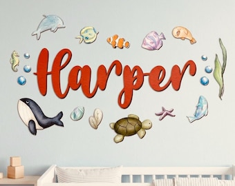 Personalized Under the Sea Nursery Name Sign, Custom Wood Wall Art, Ocean Theme Baby Room Decor, 3D Whale Shark Decor, Baby Shower Gift