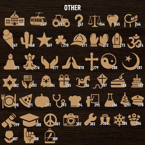 May include: A chart of 39 different wooden icons, each with a number from 260 to 309. The icons are arranged in rows and columns on a brown background. The icons include a schoolhouse, a cable car, a tractor, a question mark, a scale, a tooth, a roller coaster, an ice cream cone, a cactus, a star, a shamrock, a baseball cap, a pair of mittens, a bishop's hat, an Om symbol, a Buddha, a meditating figure, a pair of hands in prayer, a cross, a yin yang symbol, a crescent moon, a Star of David, an American flag, an eagle, a gift box, a rocking horse, a kite, a slice of cake, a birthday cake, a plate with a fork and knife, a slice of pizza, a pumpkin, a stethoscope, a chef's hat, a person pointing at a chalkboard, a beaker, a Christmas tree, a police officer's hat, a diploma, a graduation cap, a peace sign, a camera, a wrench, a pair of angel wings, a snowflake, a flower pot with flowers, a tulip, a fist, and a birdcage.