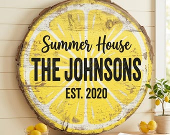 Custom Lemon Slice Summer House Sign Citrus Fruit Wall Decor Faux Wood Log Kitchen Art UV Printed Flat MDF 5mm Personalized Home Gift
