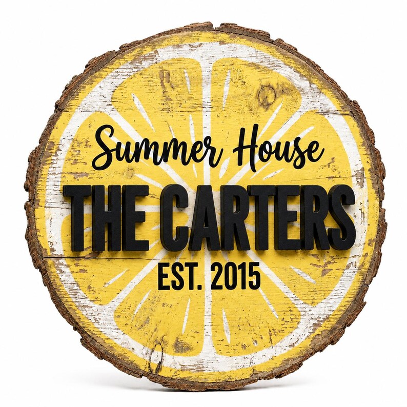 Custom Lemon Slice Summer House Sign Citrus Fruit Wall Decor Faux Wood Log Kitchen Art UV Printed Flat MDF 5mm Personalized Home Gift image 2