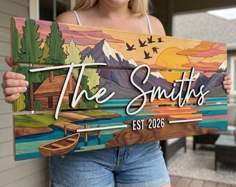 Custom Mountain Lake Family Sign, Personalized Wood Cabin Decor, Rustic Nature Wall Art, Lake House Sign, Wedding Gift for Couples
