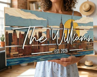 Custom New York City Skyline Family Sign, Modern NYC Wall Art, Personalized Wood Established Sign, Urban Decor, Wedding Gift for Couples