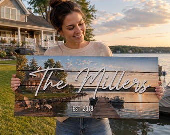 Lake House Sign Custom Photo, Personalized Cabin Wall Art from Your Picture, Wood Sign with Family Name, Lake Home Gift