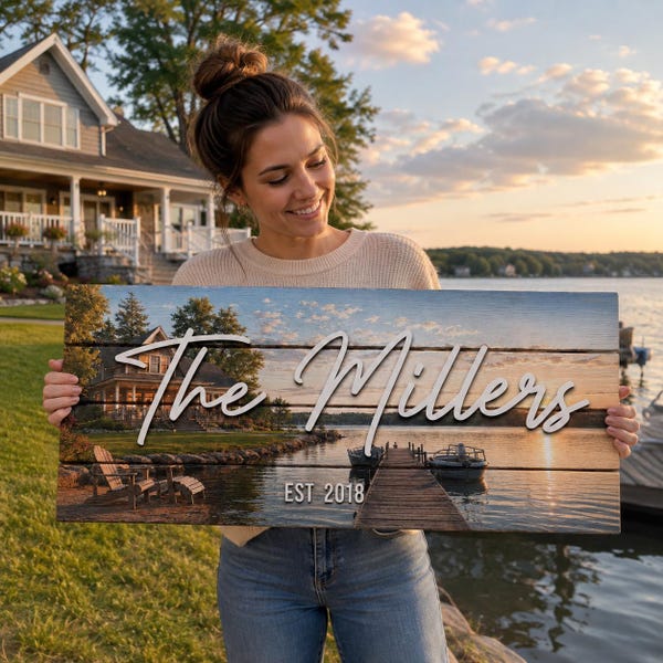 Lake House Sign Custom Photo, Personalized Cabin Wall Art from Your Picture, Wood Sign with Family Name, Lake Home Gift