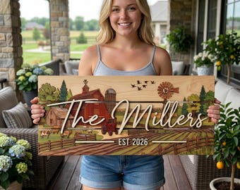 Custom Farmhouse Family Name Sign, Rustic Red Barn Wall Decor, Personalized Wood Country Sign, Tractor Art, Wedding Gift for Couples