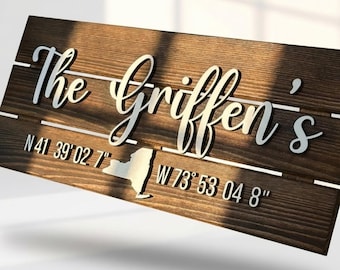 Letrero de coordenadas personalizado, placa de madera personalizada con latitud y longitud, decoración rústica de pared para casa de campo, regalo para pareja, regalo de cierre de agente inmobiliario.