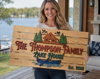 Personalized Lake House Sign, Custom Family Name 3D Wood Wall Art, Rustic Cabin Decor, Large Established Sign, New Home Gift