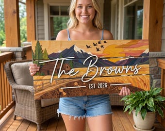 Rustic Farmhouse Family Name Sign, Mountain Cabin Wood Wall Art, Custom Wheat Field Decor, Personalized Wedding Gift for Couples