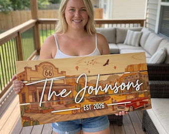 Custom Mountain Lake Family Sign, Personalized Wood Cabin Decor, Rustic Nature Wall Art, Lake House Sign, Wedding Gift for Couples