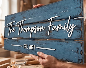 Custom Blue Distressed Wood Sign, Personalized Family Name Pallet Sign with Established Date
