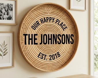 Custom Woven Rattan Basket Sign Our Happy Place Boho Decor Faux Wicker Family Name Wall Art UV Printed Flat MDF 5mm Personalized Plaque
