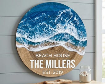 Custom Ocean Wave Beach House Sign Faux Resin Wood Wall Decor Nautical Sea Lover Gift UV Printed Flat MDF 5mm Personalized Coastal Art