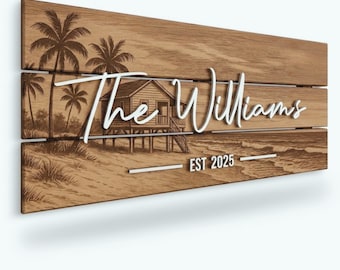 Personalized Beach House Sign, Custom Family Name Plaque, 3D Wood Coastal Decor, Tropical Wedding Gift for Couple, Ocean Wall Art