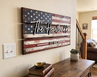 Custom American Flag Wood Sign, Personalized Rustic Pallet USA Flag with Family Name, US Patriotic Decor