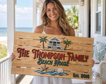 Custom Beach House Sign, Personalized Family Name Wall Art, Coastal Cottage Decor, 3D Wooden Tropical Sign, Ocean Lover Beach Gift