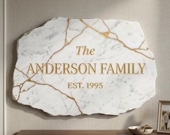 Custom Kintsugi Marble Family Sign Faux Gold Vein Stone Wall Decor Modern Glam Home Gift UV Printed Flat MDF 5mm Personalized Name Plaque