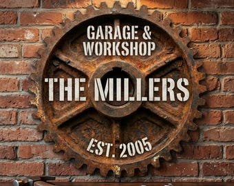 Custom Rusted Metal Gear Sign Industrial Garage Decor Faux Texture Workshop Wall Art UV Printed Flat MDF 5mm Personalized Man Cave Gift