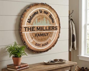 Personalized Family Name Sign Custom Wood Slice Faux Wood Log Decor Farmhouse Wall Art Rustic Housewarming Gift Cabin Decor UV Printed MDF