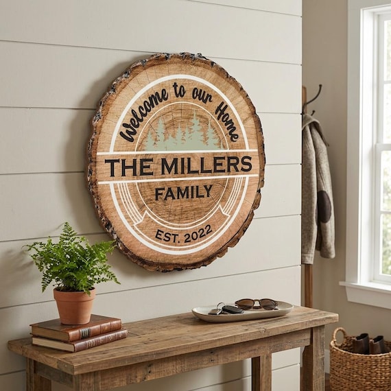 Personalized Family Name Sign Custom Wood Slice Faux Wood Log Decor Farmhouse Wall Art Rustic Housewarming Gift Cabin Decor UV Printed MDF