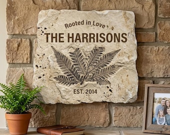 Custom Botanical Fern Fossil Sign Rooted In Love Faux Stone Carving Decor Nature Lover Gift UV Printed Flat MDF 5mm Personalized Wall Art