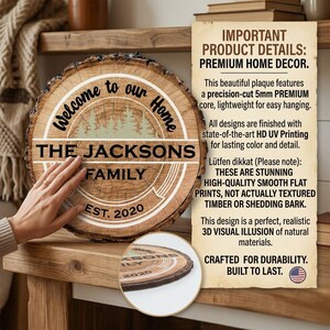 Puede incluir: Placa de madera redonda con el texto "Welcome to our Home" y "The Jacksons Family EST. 2020". La placa tiene un dise&ntilde;o de vetas de madera y un gr&aacute;fico de bosque. Es un art&iacute;culo de decoraci&oacute;n para el hogar de primera calidad.