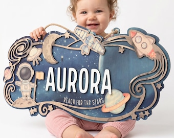 Custom Space Nursery Name Sign | Astronaut Baby Boy Room Decor | 3D Wooden Galaxy Wall Art | Personalized Baby Shower Gift | Solar System
