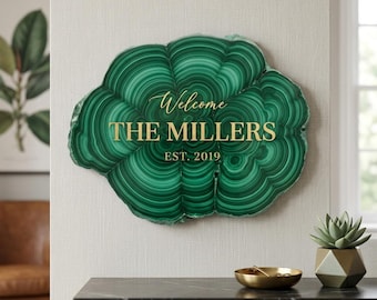Custom Emerald Malachite Geode Sign Faux Agate Gemstone Wall Decor Boho Glam Welcome Home Gift UV Printed Flat MDF 5mm Personalized Plaque