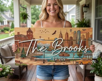 Rustic NYC Skyline Family Sign, Custom New York City Wood Art, Personalized Urban Wall Decor, Vintage Cityscape Gift for Couples