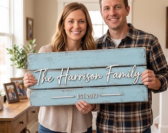 Personalized Light Blue Distressed Wood Sign, Custom Beach Cottage Pallet Sign with Family Name