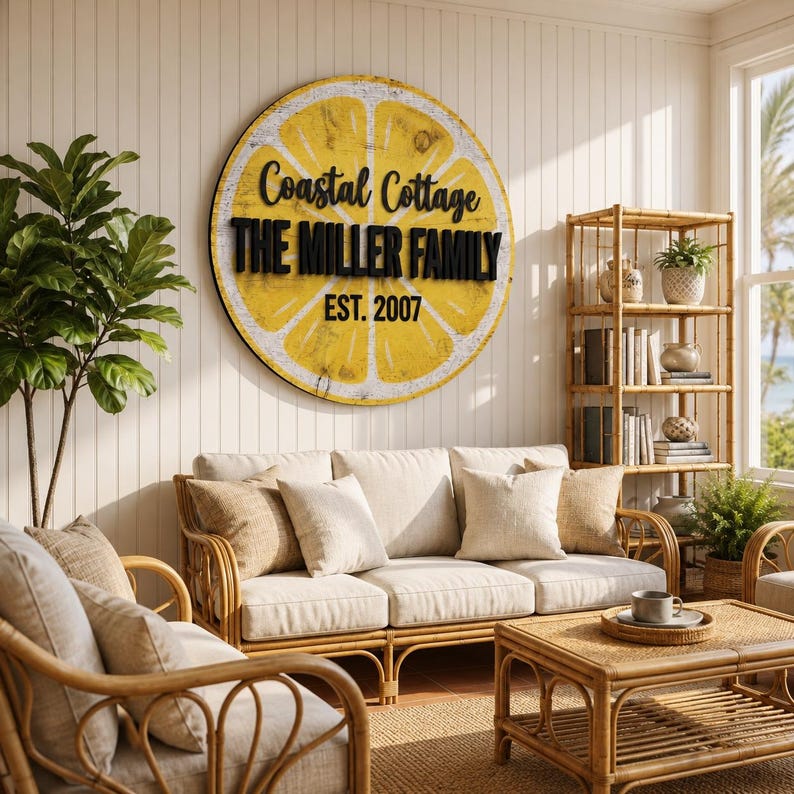 Custom Lemon Slice Summer House Sign Citrus Fruit Wall Decor Faux Wood Log Kitchen Art UV Printed Flat MDF 5mm Personalized Home Gift image 3