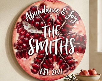 Custom Pomegranate Family Sign Abundance and Joy Fruit Kitchen Decor Mediterranean Wall Art UV Printed Flat MDF 5mm Personalized Gift